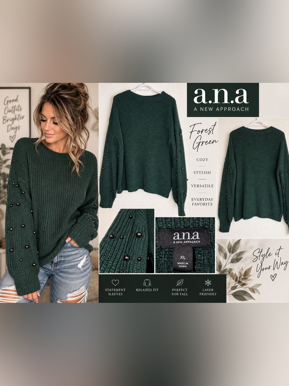 a.n.a Forest Green Pearl-Embellished Knit Sweater